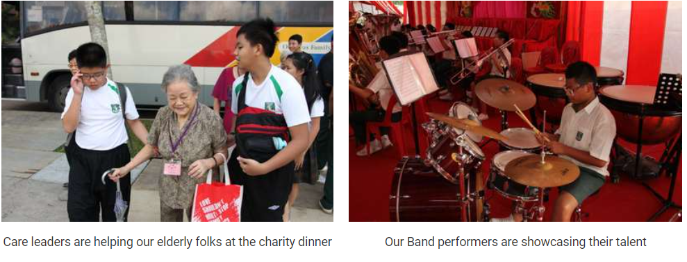 Two photos: students helping an elderly woman near a bus, and a student playing drums with a band on stage.